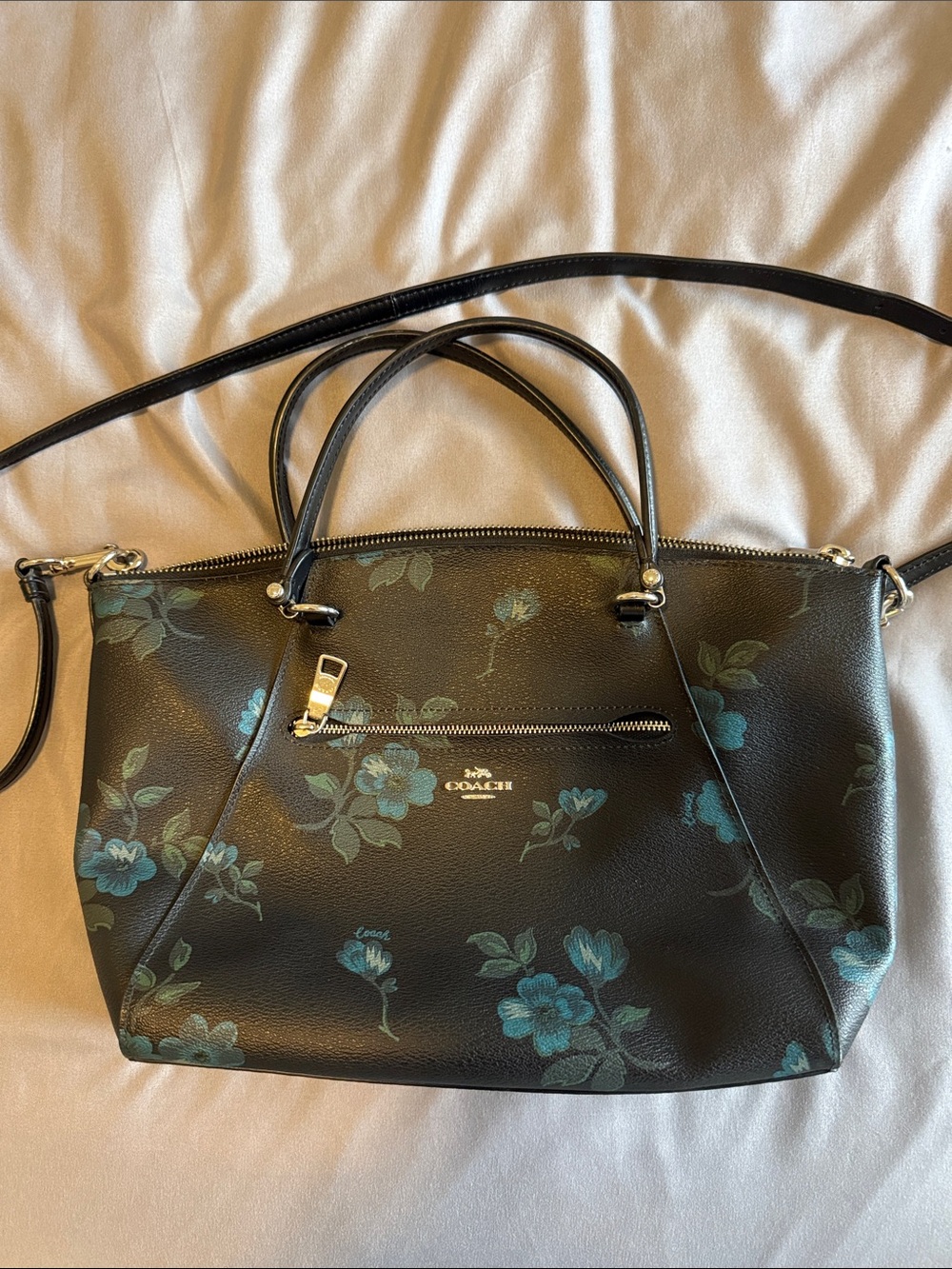 Coach Black Leather Shoulder Tote with Teal Floral Print